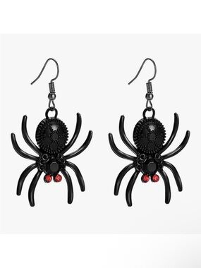 Black Spider Drop Earrings with Red Accent